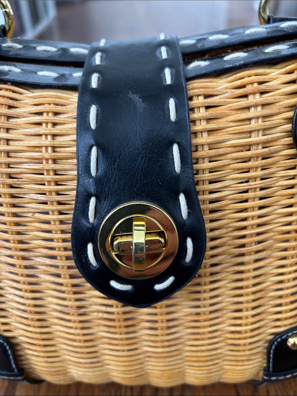 Woven Rattan Mini Satchel Handbag with Black Leather Trim - Picture 2 of 7